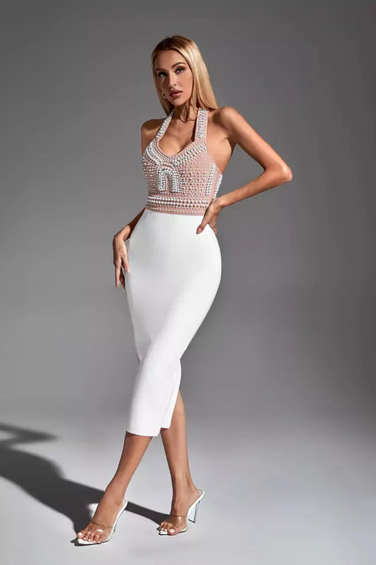 White midi dress with rhinestone top