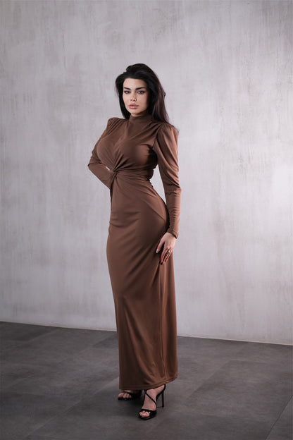 Elegant long brown dress with a twist detail