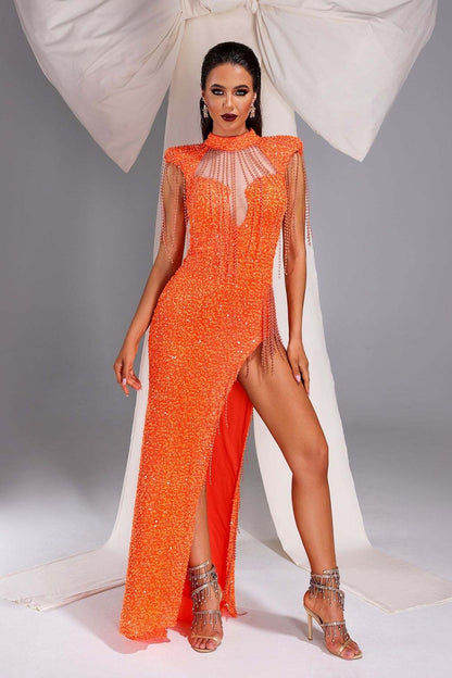 Orange gown with sequins and fringe details