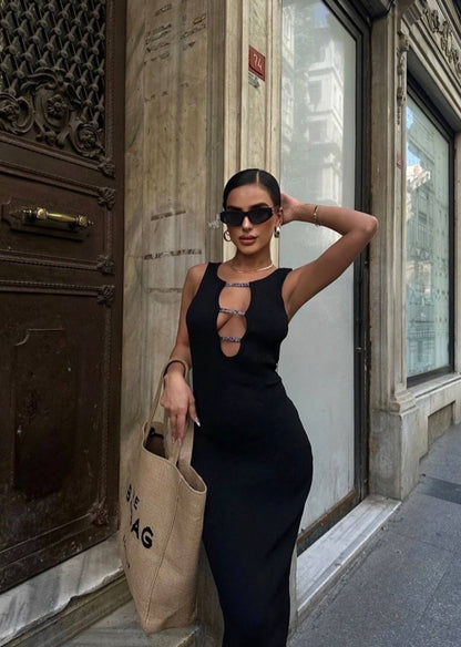Black maxi dress with rhinestone details