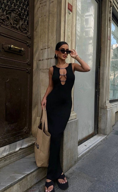 Black maxi dress with rhinestone details