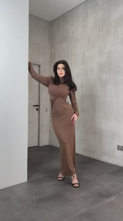 Elegant long brown dress with a twist detail